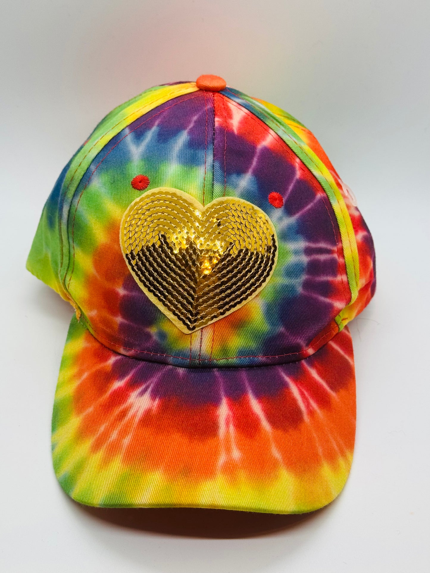 Tie Dyed Baseball Cap with Gold Sequin Heart Patch