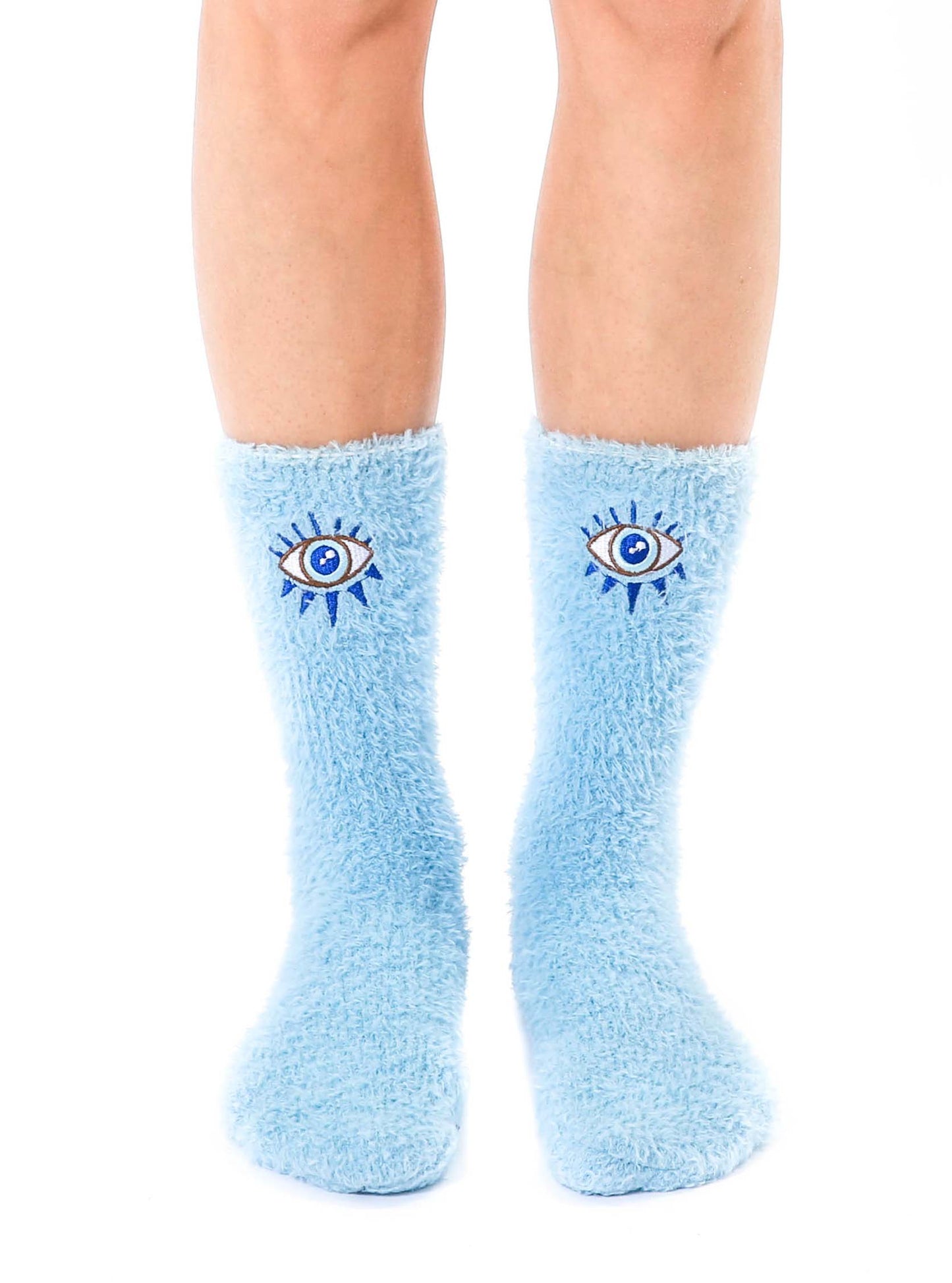 Fuzzy Crew Socks - Protective Evil Eyes - Light Blue