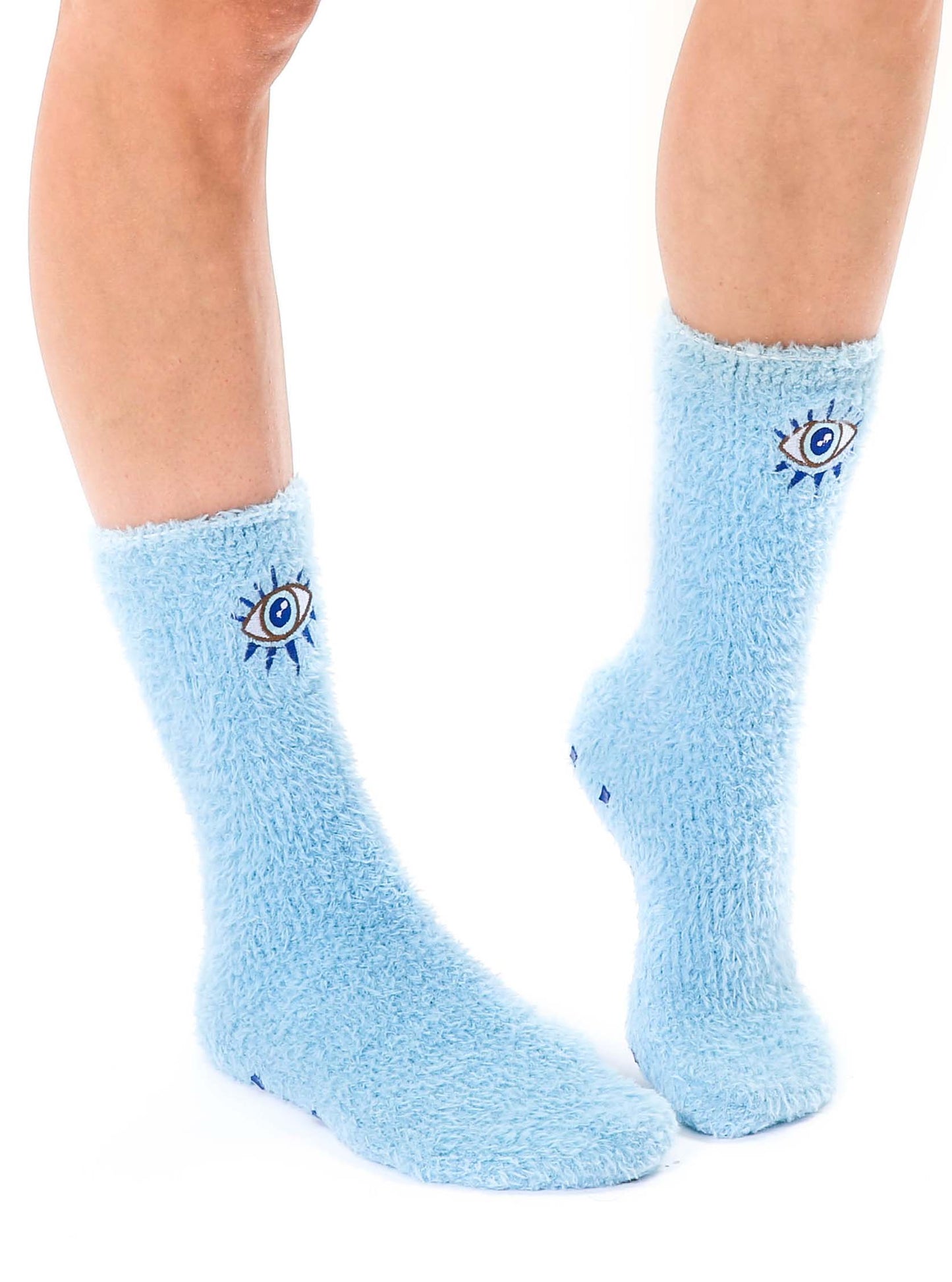 Fuzzy Crew Socks - Protective Evil Eyes - Light Blue