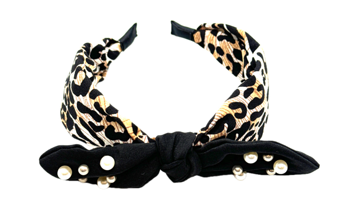 Pearl Bow Leopard Print Headband