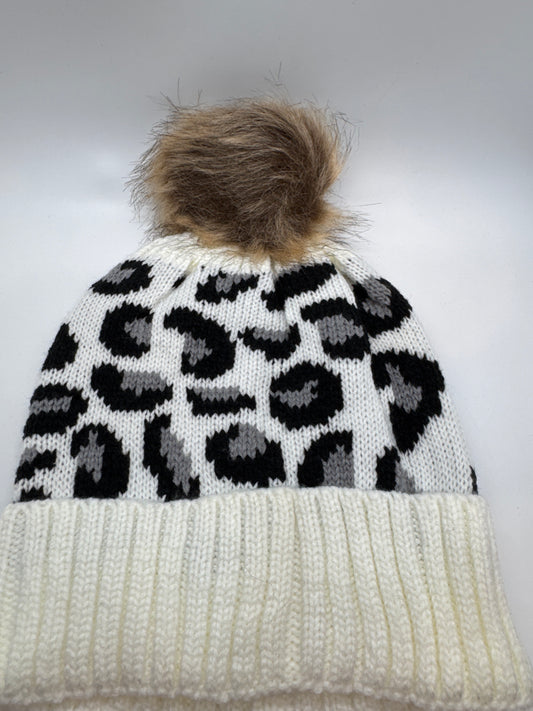 Ivory Leopard Beanie with Pom Pom