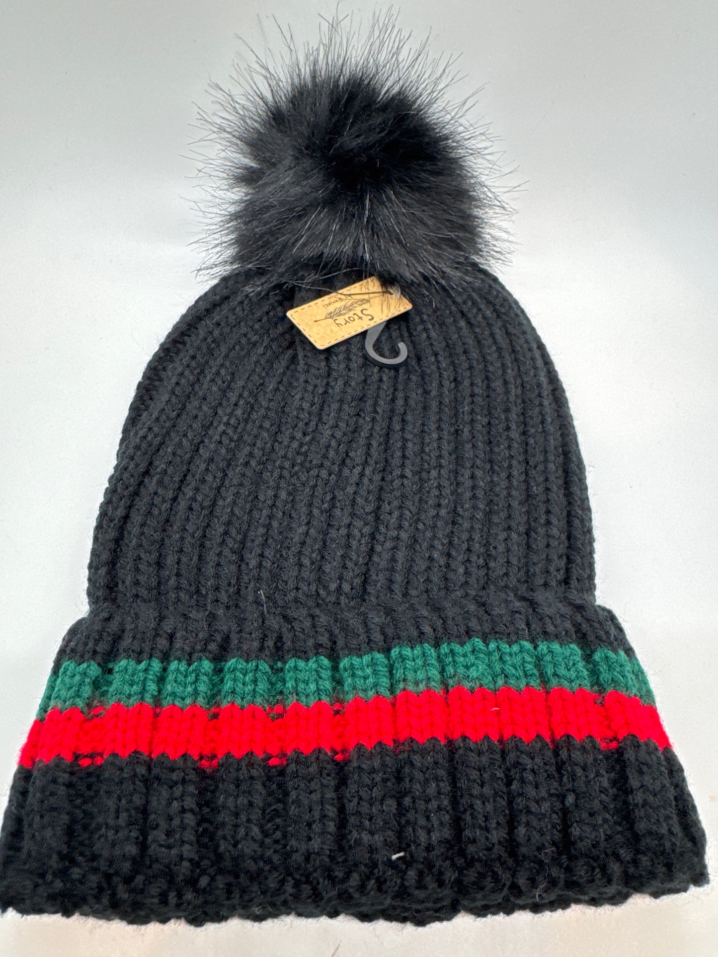 Green & Red Striped Beanie with pompom