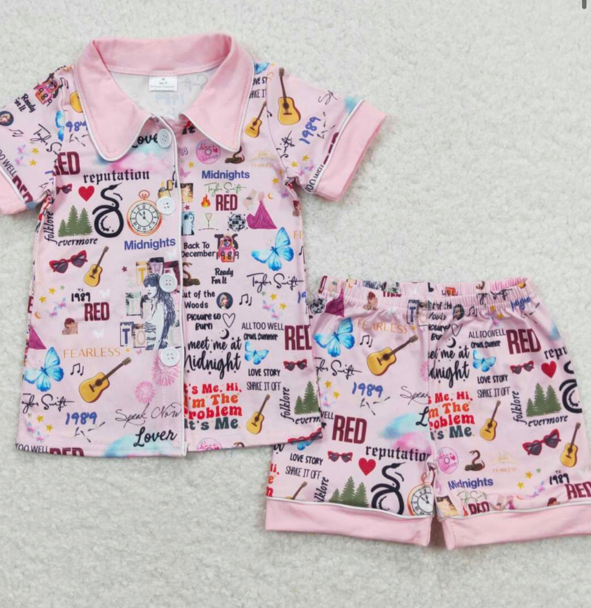 Swiftie Short Sleeve Button Dwon shirt & shorts PJ Set