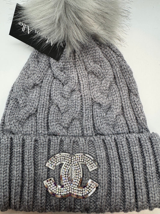 Gray Beanie PomPom Hat C