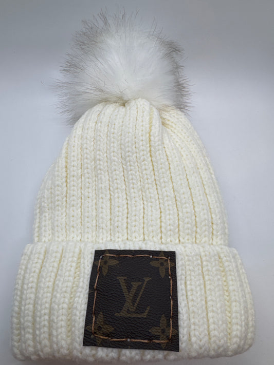 Upcycled Ivory Beanie with Pom Pom