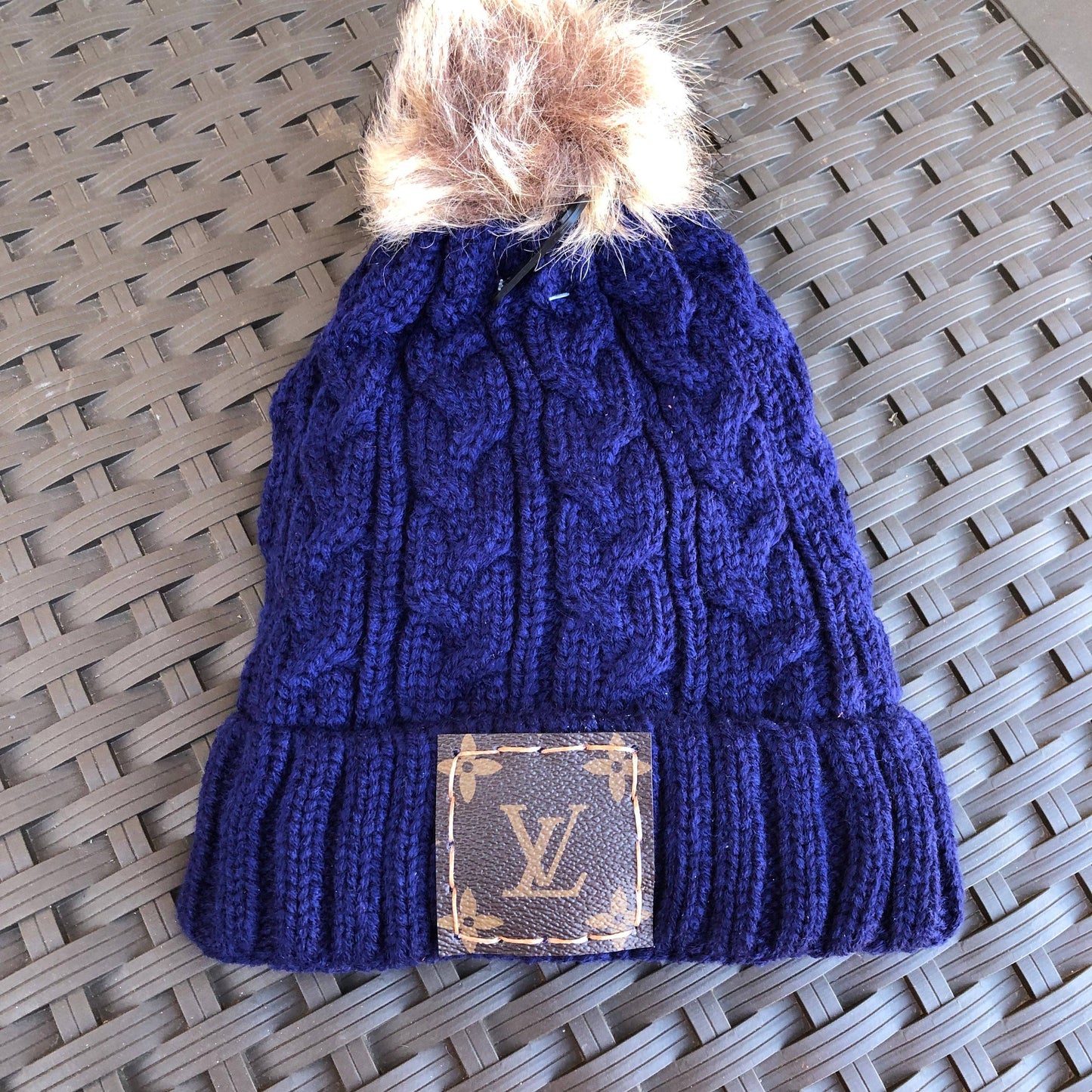 Upcycled Blue Beanie with Pom Pom