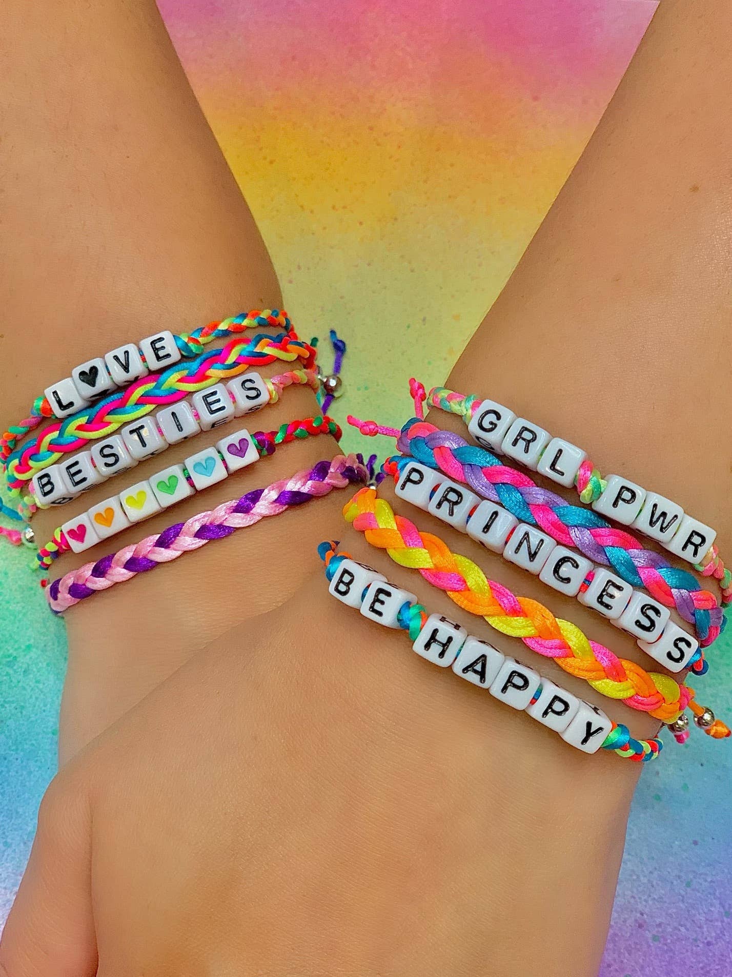 6 Rainbow Hearts Adjustable Braided Bracelet (Bright Neon)