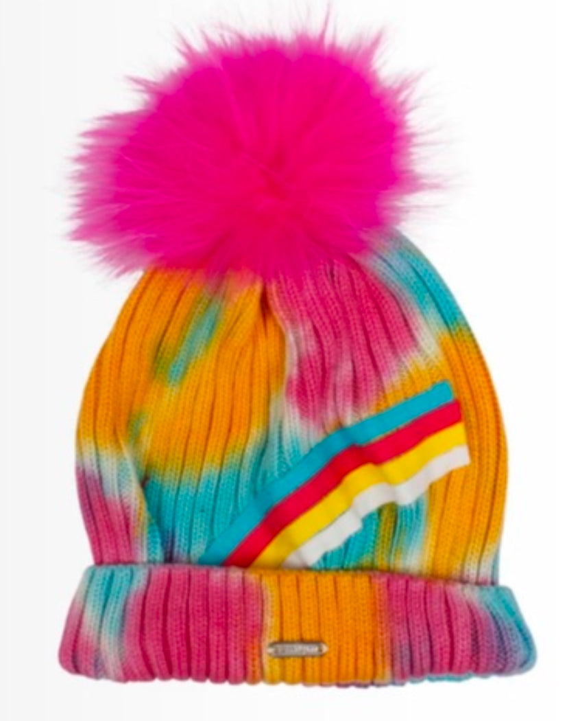 Tie Dyed Rainbow Pom Pom Hat