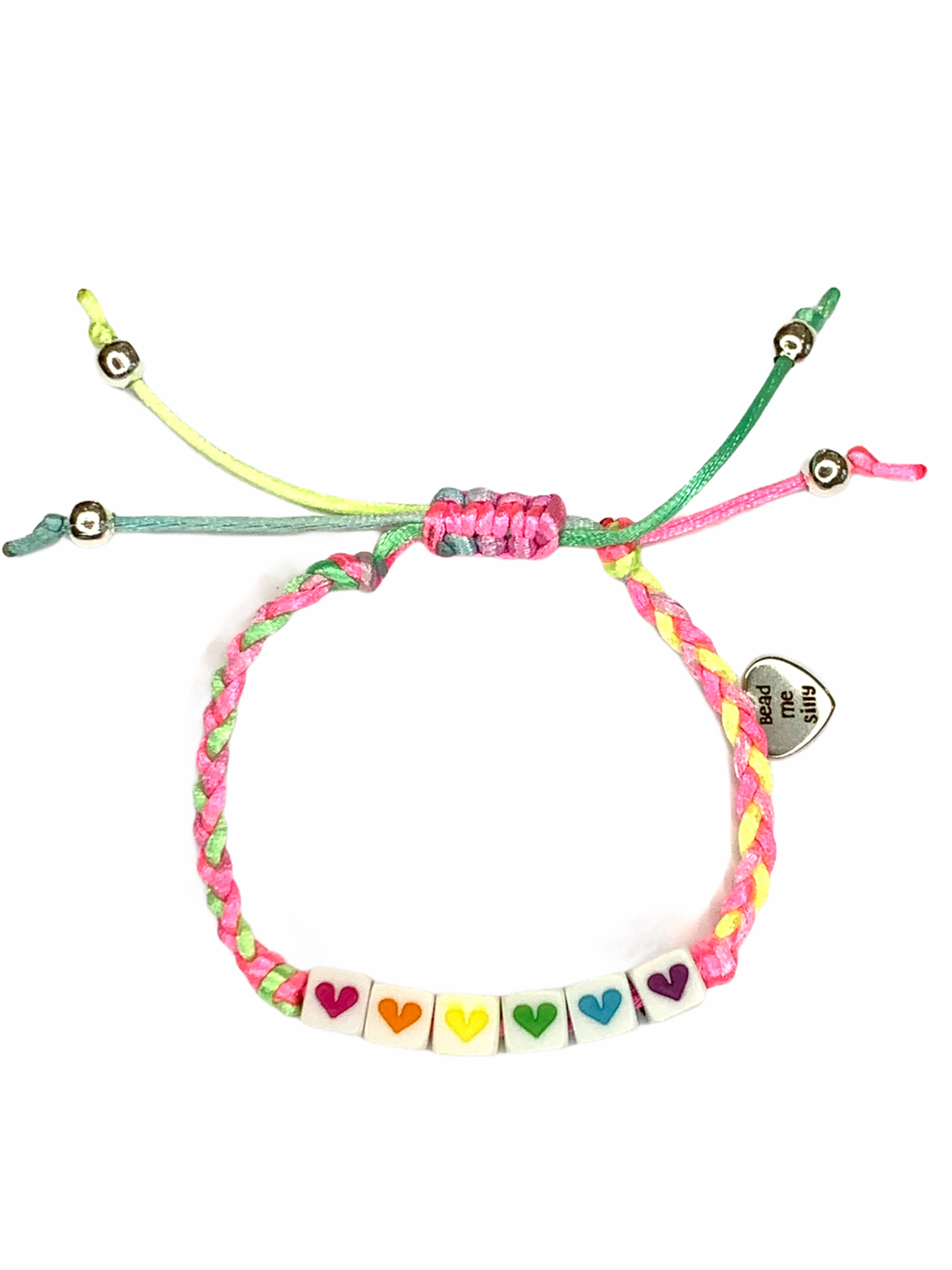 6 Rainbow Hearts Adjustable Braided Bracelet (Pastel Neon)