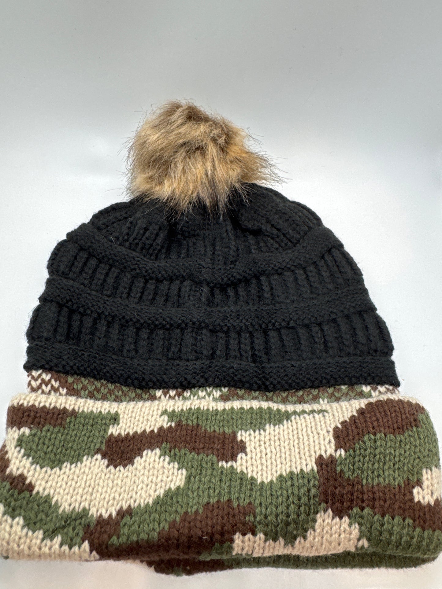 Camo & Black Beanie with PomPom