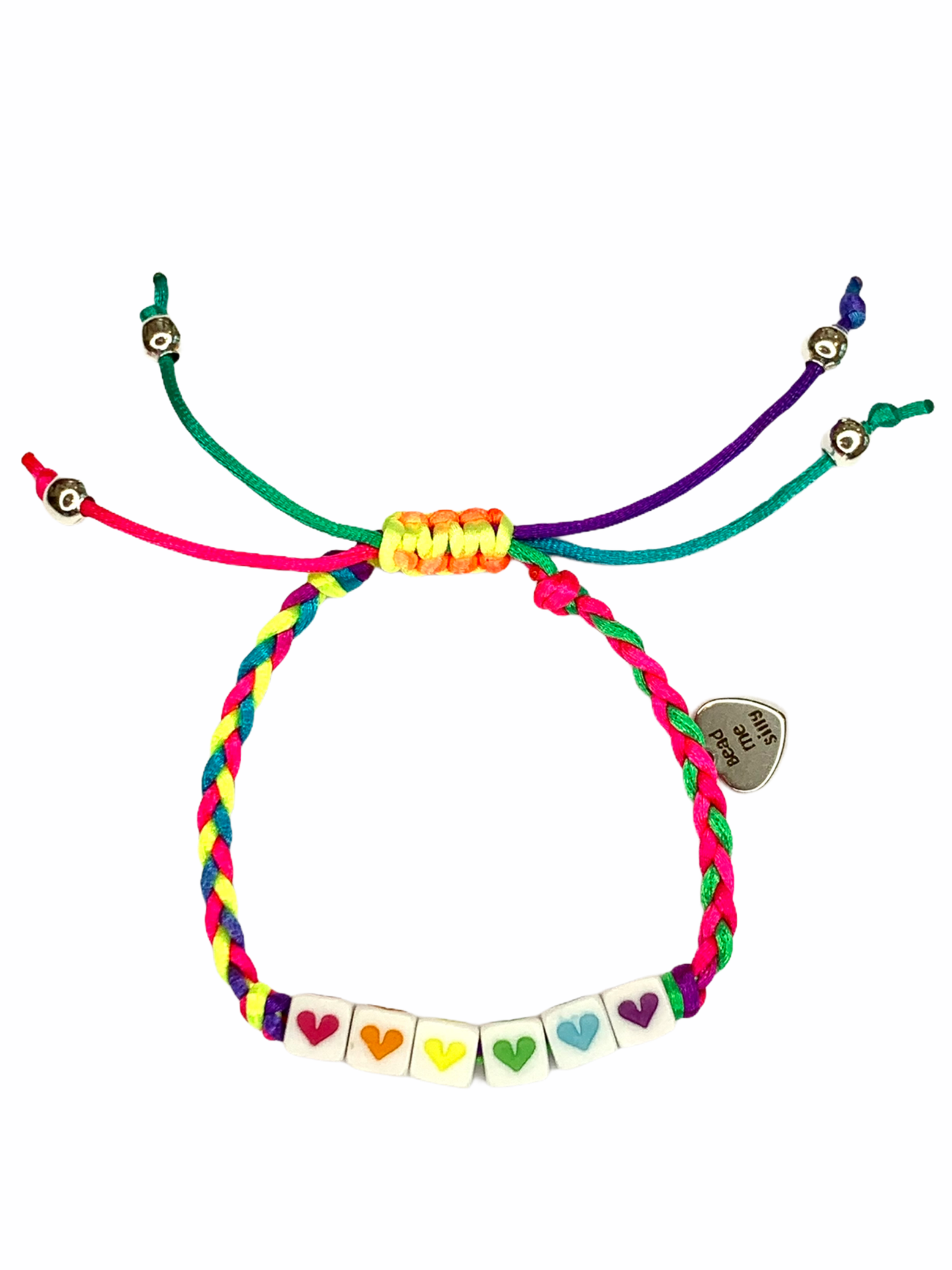 6 Rainbow Hearts Adjustable Braided Bracelet (Bright Neon)