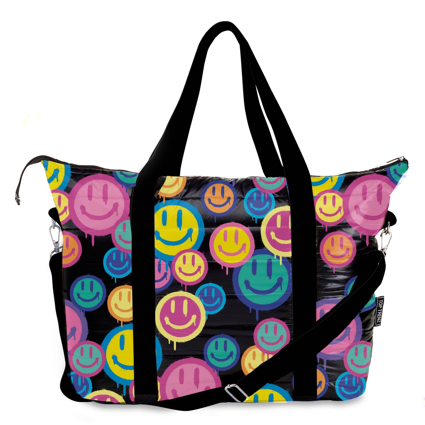 Black Puffer Spray Happy Print Tote Bag